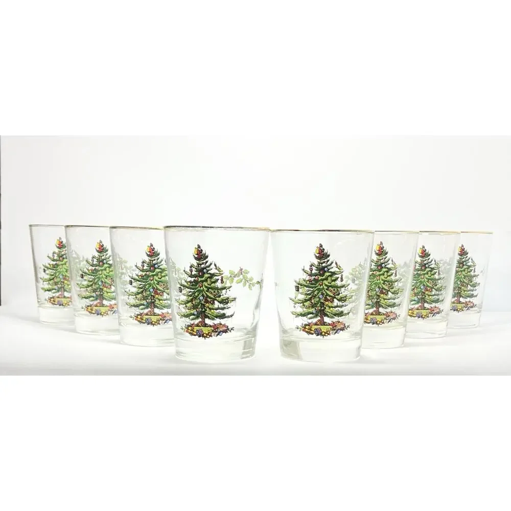 Spode “Christmas Tree” 8 Double Old Fashioned Tumbler Drinking Glasses 4.5” 15oz